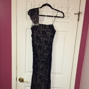 Navy and beige lacy one shoulder gown